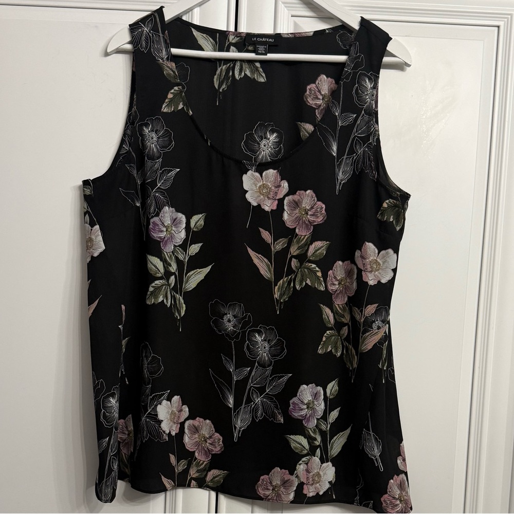 LeChateau Size XL Sleeveless Scoop Neck Blouse Pull-On Black Pink Floral Print
